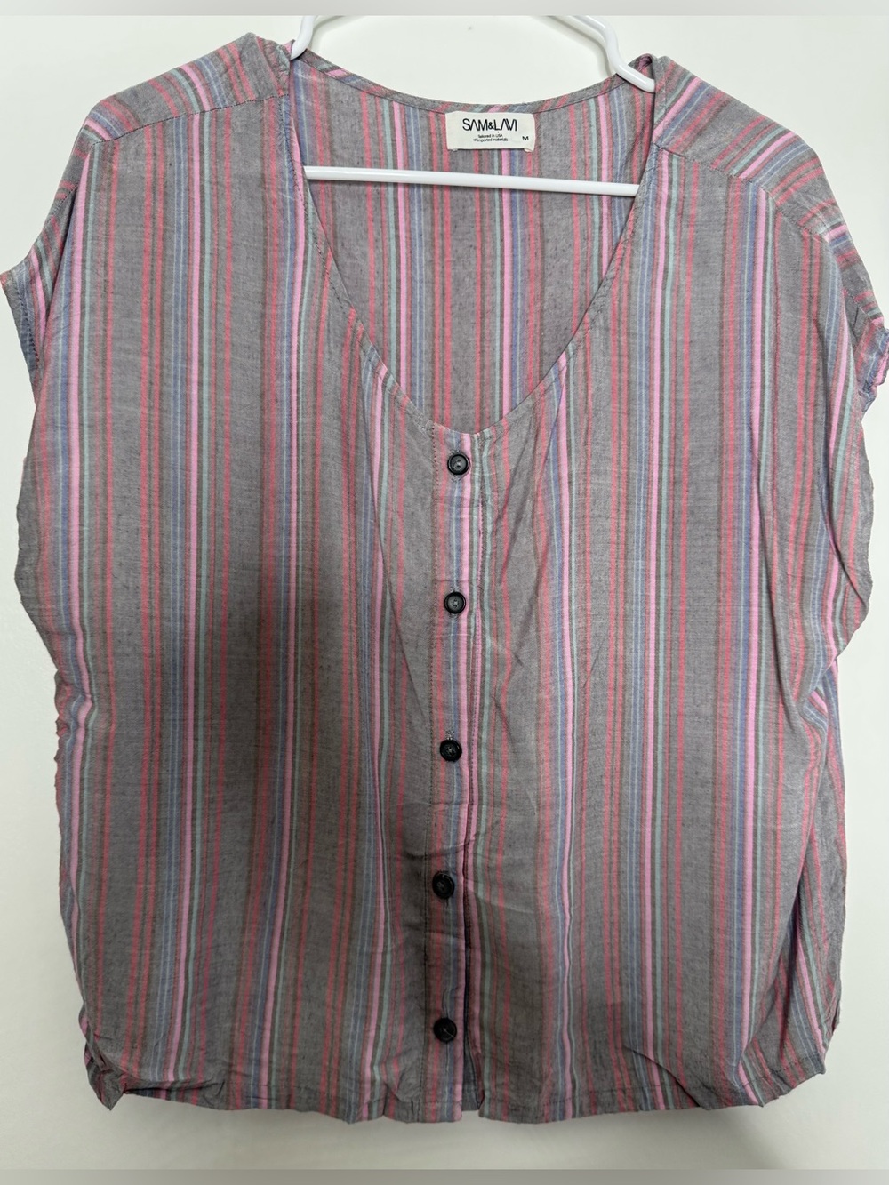 Sam & Lavi Gray Shirt with Pink & Blue Stripes size Md short sleeve boxy boho